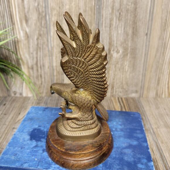 Vintage Brass Eagle Paperweight, Wood Base Figurine - Picture 8 of 8